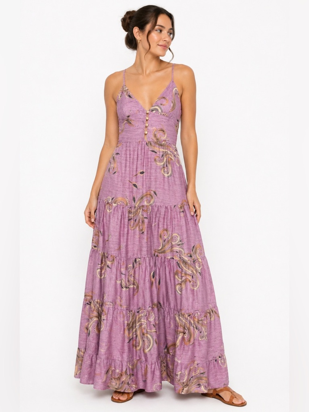 SALEM Boho Paisley  Printed Lavender Tiered Maxi Dress with Spaghetti Straps